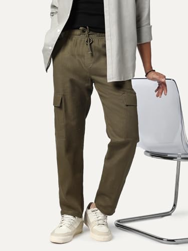 Image of Urbano Fashion Men's Straight Fit Linen Cargo Pants with 6 Pockets