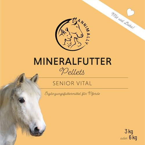 Annimally Senior Mineralfutter Pferde getreidefrei - Ergänzungs Pferdefutter für Senior Pferde mit Vitaminen, Mineralstoffen und Spurenelementen, wie Zink, Selen, Omega 3 & Jod (3 kg Eimer)
