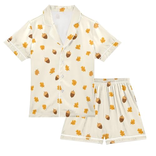 Cartoon Acorns Summer Satin Pajama Set, Cute Button-Down Sleepwear Pj Set for Sleep Wears