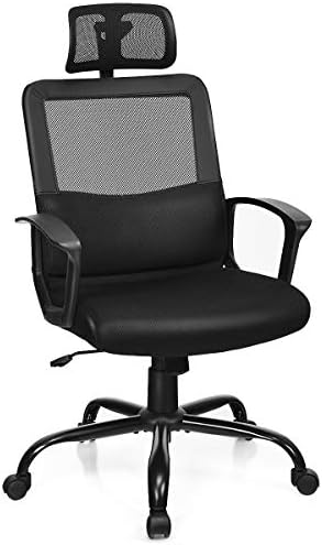 COSTWAY Mesh Office Chair, Mid/High Back Ergonomic Executive Task Chairs, Adjustable Swivel Rocking Padded Computer Desk Chair (Black, Mesh Seat+Lumbar Support+Headrest)