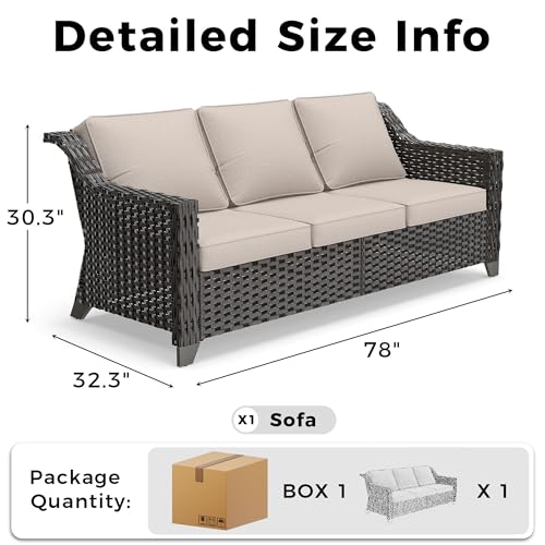 Image of 77'' Patio Sofa, All Weather Outdoor Rattan Wicker 3-Seat Sofa High Back Couch with Premium Cushions for Garden Backyard Porch(Brown /Beige) | Patio Couch with Olefin Removable Cushion, All-Weather Outdoor Sofa with Deep Seat for Porch, Deck and Backyard, Beige