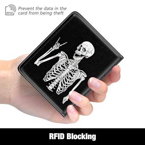 Image of Rouidr Womens Wallet, RFID Small Slim Wallet for Women, Cute Bifold Leather Pocket Credit Card Holder Ladies Mini Purse with Zipper Coin Pocket & ID Window, Abstract Skull