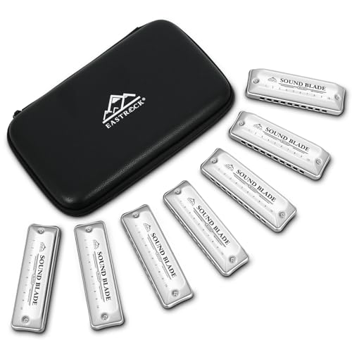 EASTROCK 7-Piece Harmonica Set with Keys of C D E F G A Bb, 10 Holes Silver Harmonicas with Case,Precision Tuned Reeds for Beginners,Adults,Professional Players