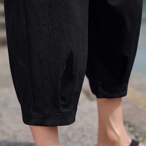 Zeiyignr Mens Cotton Linen Capri Pants Lightweight Loose 3/4 Long Shorts Elastic Waist Drawstring Casual Beach Yoga Trousers3