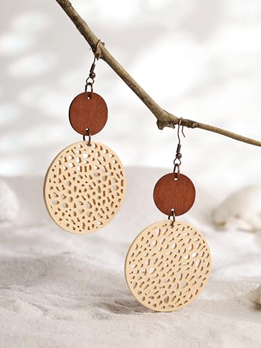 MINACHI Bohemian Hollow Cut-Out Wood Leather Dangle Drop Earrings, Boho Chic Hippie Statement Jewelry Gift for Women3
