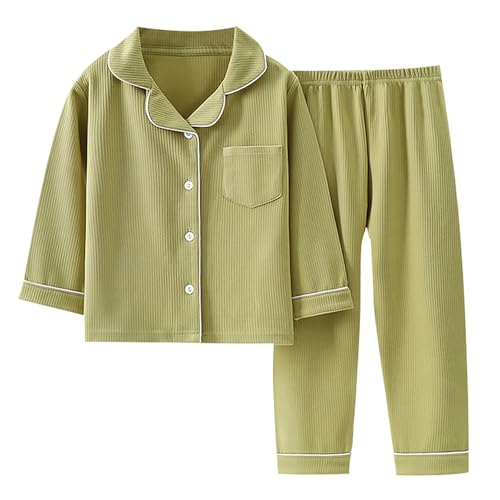 Kids Cotton Ribbed 𝐏ajamas Sets 2pc Loose Soft Fall F𝐚mily 𝐏𝐉 Buttons Shirts Collar Tops Long Pants Sl𝐞epwear Outfits3