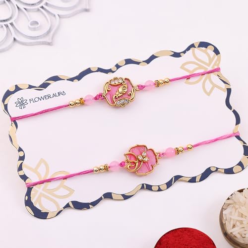 Image of FlowerAura Rakhi For Brother With Chocolate - Set of 2 Pink Floral Rakhi With 4 Chocolates & Roli Chawal Tikka In Box - Festive Hamper Gift For Brother | Bhai | Cousins (Same Day Delivery)