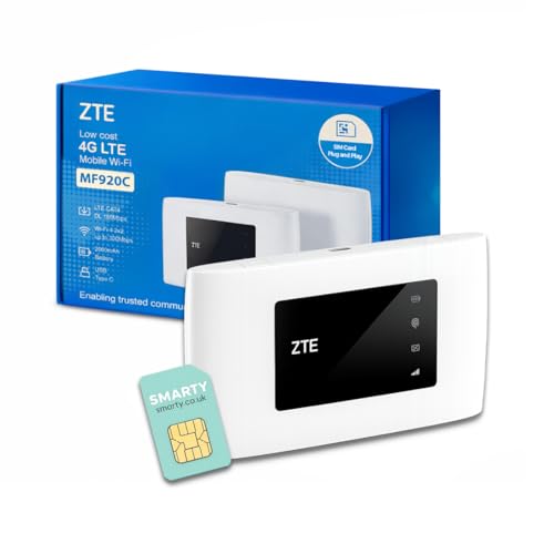 ZTE MF920, CAT4/4G LTE Mobile Wi Fi, Punto de Acceso portátil Desbloqueado de bajo Costo, Conecta hasta 32 Dispositivos, batería de 2000 mAh, con Tarjeta SIM Smarty Gratis, Color Blanco