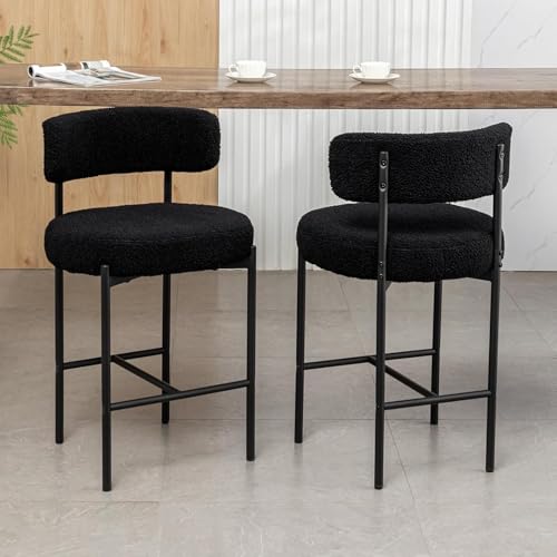Image of Cinxzar Boucle Bar Stools Set of 2, Black Counter Height Bar Stools with Backs, Modern Barstools for Kitchen Island, Pub, Club