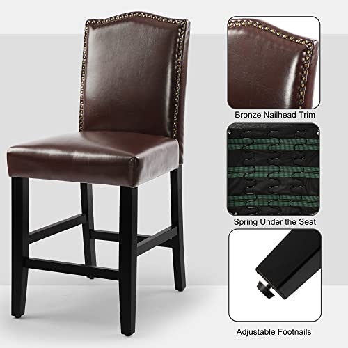 Lsspaid Bar Stools Set Of 2, Pu Counter Height Barstools, 23.5" Seat Height Upholstered Bar Stool, Solid Wood Bar Chairs, Brown #TOP4