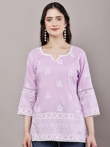Image of Women's Pink Printed Short Kurti with Lace Trim, 3 /4 Sleeves, Ethnic Indian Style Top