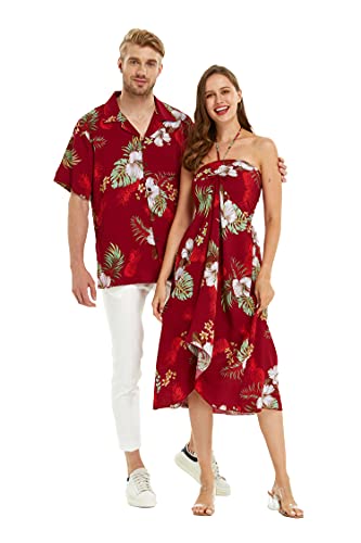 Matchable Couple Hawaiian Luau Shirt or Butterfly Dress in Pineapple Garden Burgundy