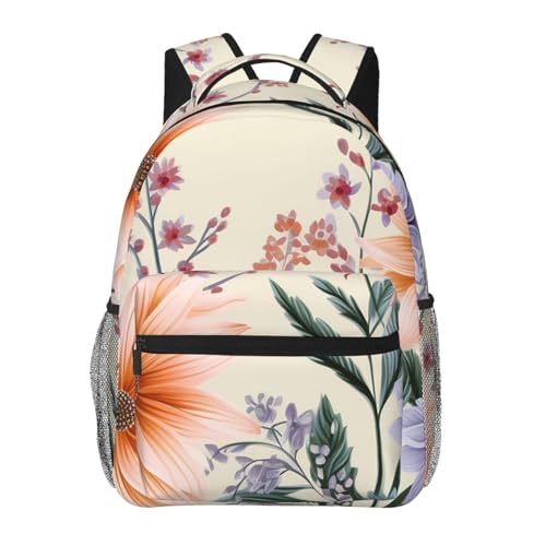Casual Backpack for Women Men Orange and Blue Floral Lightweight Daypack Large Capacity Nurse Bag