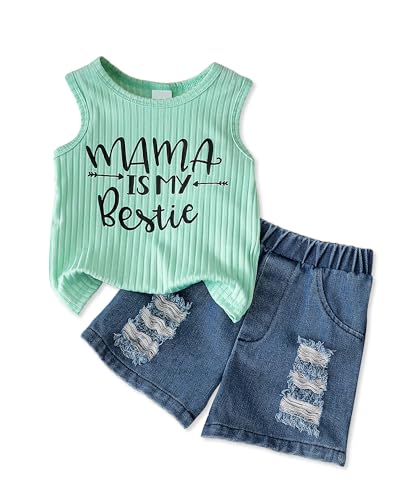 Doresbebe 18-24 Months Toddler Girl Clothes Baby Summer Outfits Sleeveless Top Shirt Ripped Denim Fashion Jeans Shorts Set Cute 2Piece Spring Matching Outfits Green Color Blue Jean