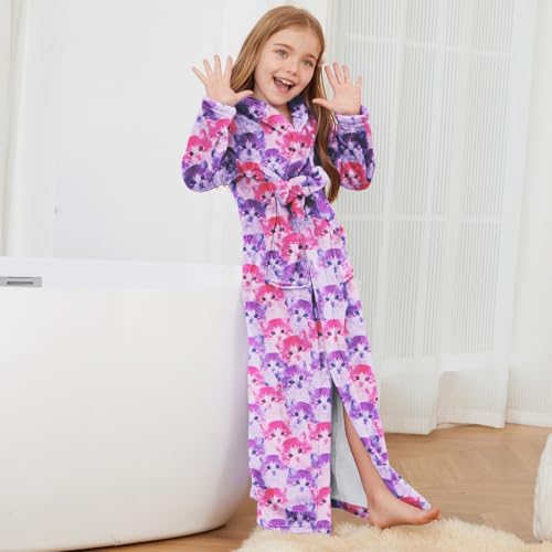 Image of Jxstar Girls Bathrobes Kids Long Hooded Robes Plush Full Length Coral Fleece Pajamas Sleepwear