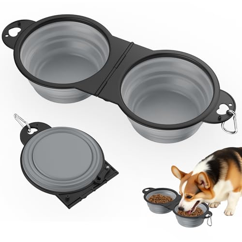 Image of Pawaboo 2-in-1 Collapsible Dog Bowls, Dual Puppy Food and Water Bowls, 180° Flip Over Portable Silicone Dog Bowl with Metal Hook, 450ml Pet Travel Feeder Bowl for Walking Hiking Camping, Gray
