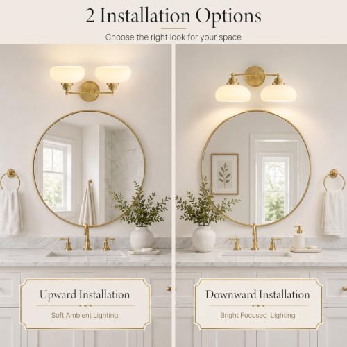 Image of Vintage Milk Glass Wall Sconce,2 Lights Antique Brass Bathroom Vanity Light | Mid Century Modern Gold Bathroom Sconce over Mirror,Milk White Glass Wall Lights Decor Lamp for Bedroom Living Room Hallway