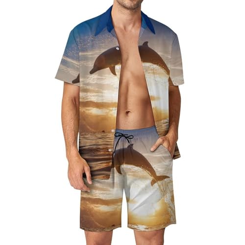 Chemise Hawaïenne Homme Dauphin Ensemble Plage Fluide Anti Plis Short Pantalon S