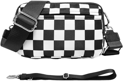 Checkered Nylon Wristlet Wallets for Women RFID Blocking Purse With Credit Card Holder & Crossbody Strap