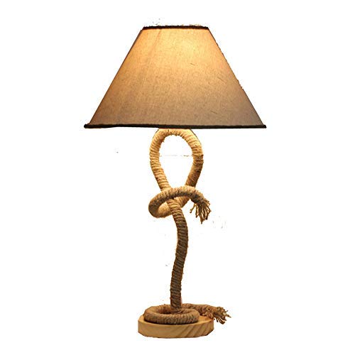 Loft Rétro E27 Vintage Socle en Métal Base en bois massif Lampes de Table Antique Fer Forgé Corde de Chanvre Lampe de Bureau Lampe à Poser pour Chevet Bar Salon Chambre Lampe