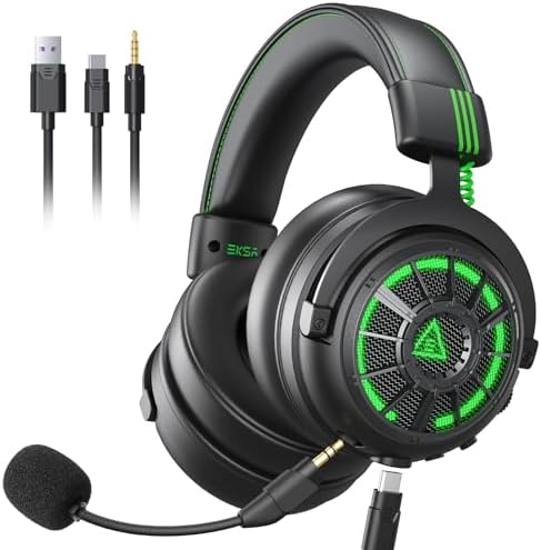 EKSA Gaming headset, 7.1 surround sound pc-headset met ruisonderdrukkende microfoon, USB & 3,5 mm audio-aansluiting, ledlicht, superlichte gaming- hoofdtelefoon voor PC/Mac/Switch/PS4/PS5/Xbox One