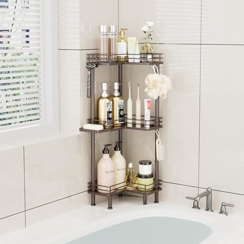 Image of Consumest Corner Shower Caddy Standing - 3-Tier Stainless Steel Shower Organizer with Soap Holder and 4 Hooks, Large Capacity Corner Shelf Stand for Bathroom, Rest Room, Bronze