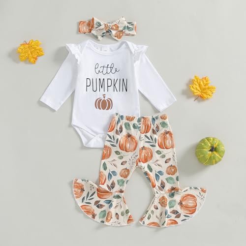 Baby Girls Halloween 3Pcs Outfits Long Sleeve O Neck Letters Romper Pumpkin Bell Bottoms Flare Pants Headband Sets2