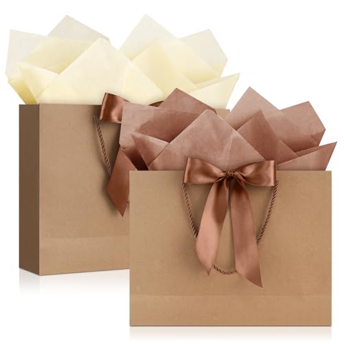 Image of JMANNI Gift Bags with Handles, 13 inch Medium Gift Bag for Presents, 2 Pcs Bags with 4 Tissue Paper and 2 Cards for Baby Shower Wedding Bridal Shower Mother's Day Birthday Party (Kraft)