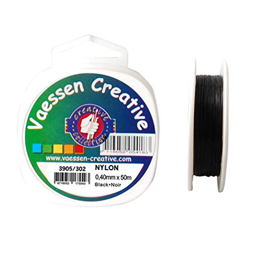 Vaessen Creative Hilo de Nylon Negro, 0.4mm, Carrete 50m, No elástico, para Coser, Enhebrar Cuentas, Decoración Colgante y Manualidades DIY