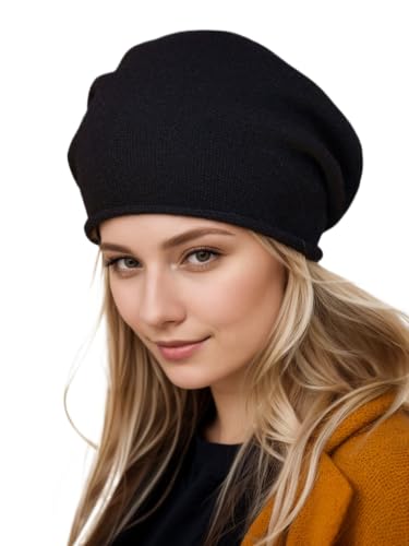 Prettystern Rollkante Damen lässig Kaschmir-Wolle Cashmere Beanie Strick-Mütze schwarz