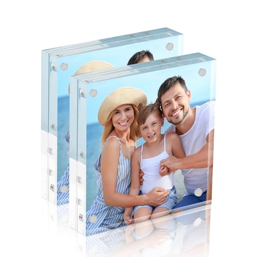 Image of HOUSE DAY Acrylic Picture Frames 4x4, 2 Pack Magnetic 4 x 4 Picture Frame, Double Sided Clear 4x 4 Photo Frame with Microfiber Cloth, Frameless FreeStanding 4x4 Frame Gift for Desktop Display