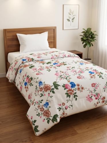 Image of Mafatlal 120 GSM Tulip Printed Single Bed AC Comforter | Premium Reversible Microfiber Quilt Blanket | Ultra Soft Lightweight Modern Bedding Duvet Cozy Rajai | 154 x 228 cm | Floral Cream