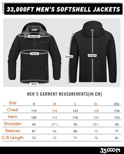 33,000ft Jacke Herren Wasserdichte Atmungsaktiv Softshelljacke - Übergangsjacke Winddichte Regenjacke Wanderjacke mit Kapuze Schwarz L