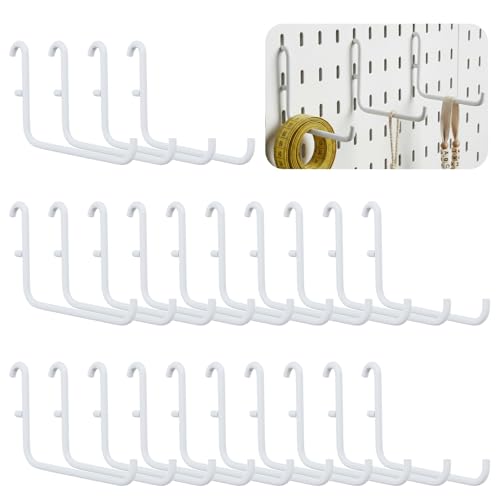 Afcabakila 24 Pcs White L-Shaped Pegboard Hooks, 3.74 x 2.36 Inches, Compatible with IKEA Skadis Long Metal Storage Hooks for Home Office, Garage, Kitchen Tool Organization