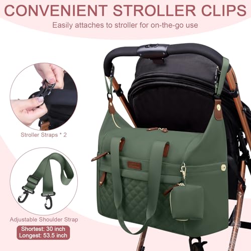 Image of Pritent Diaper Bag Tote - Diaper Baby Bags with Pacifier Case, Shoulder Straps, Stroller Clips, Waterproof Large Mommy Maternity Travel Baby Bag for Mom and Dad, Green, Medium