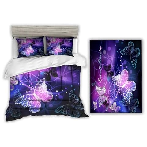 Sunnycitron Purple Butterfly Twin Size Comforter Set 3 Piece- Includes 1 Comforter and 2 Pillowcase and Girls Area Rug 59"x39" Cover