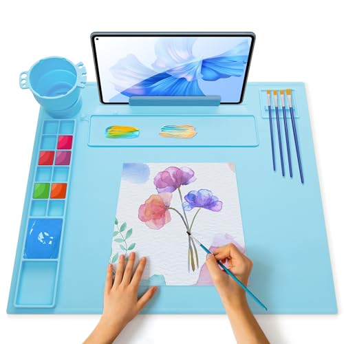 iArtker Silicone Painting Mat with Cup and Palette, 20"×16" Non-Slip Silicone Craft Art Mat with Stand and Lid for Painting, Resin, DIY, Blue