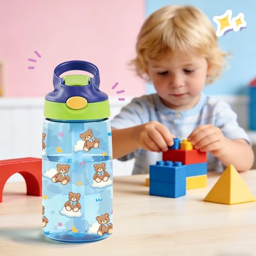 Image of 14oz Bear Kids Water Bottle with Straw - Bears Clouds Water Bottle For School, Leakproof, Lightweight, Durable Plastic Bottles for Kids Travel, Pop-Up Straw Cover, Gift Cup for Girls (Bear)