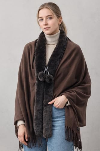 Image of Manra Women's Solid Faux Fur Border Stole Shawl Warm Wrap Cape for Winters (SC 14)
