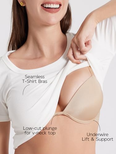 Image of Push Up Bra Deep Plunge Thick Padded Add Cup Smooth T Shirt Bras Underwire Demi Low Cut Molded Bralette