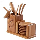 Techson Bamboo Tea Tool Set, Chinese Gongfu Tea Ceremony Accessories, (Spoon, Needle, Scoop, Clip, Tray, Utensils Set)