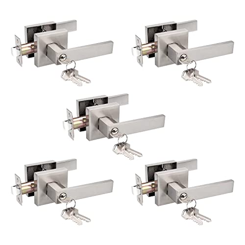 Probrico 5 Pack Interior Bedroom Entrance Door Lever Doorknobs Door Lock One Keyway Entry Keyed Alike Same Key Entrance Lockset in Satin Nickel Each with 3 Keys