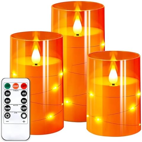 NURADA Flameless Candles with Remote Timers: Built-in Star String Lights 3D Wick Battery Operated Flickering LED Electric Candles for Thanksgiving Dinner Tables Wedding Fall Home Decor Orange 3 Pack Cover
