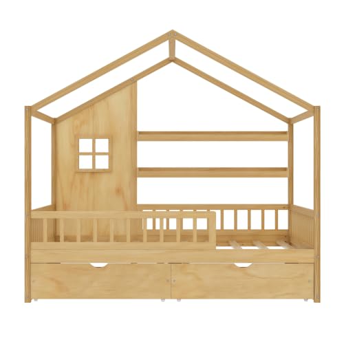 Image of Bellemave Full House BedFrame with Canopy and Storage Drawers, Montessori Bed, House Bed with Rails for Kids, Natural