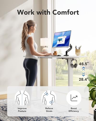 Image of HUANUO Electric Standing Desk, Whole Piece Desktop, Adjustable Height Computer Desk, 4 Height Memory Settings, Sit Stand Up Desk for Home Office, 60 inch x 24 inch, White