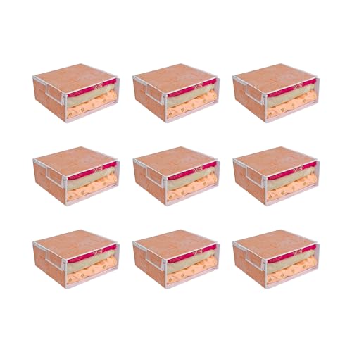 Image of PRETTY KRAFTS Stackable Fabric Saree Storage Organizer for wardrobe, Clear front window with Lid, Stackable organizers, Perfect to organize sarees in a wardrobe, Set of 9, Jute OrangeGrey