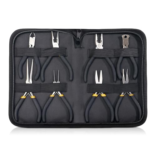 Lot de 8 mini pinces avec sac, kit de pinces à bijoux, kit de pinces ménagères, pointe d'aiguille, long nez diagonal, courbée pour électroniciens,...
