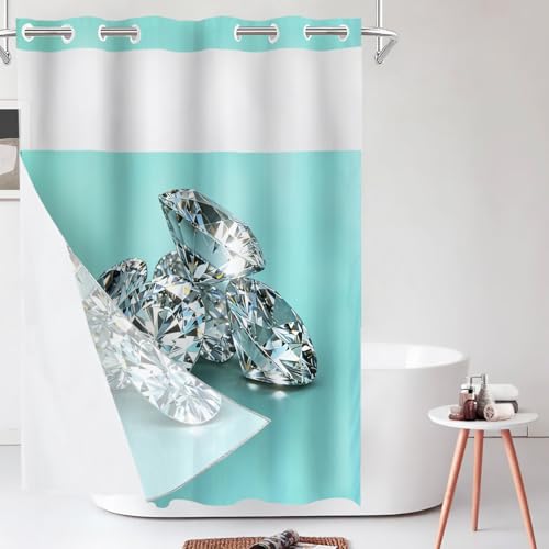 Shrahala Blue Turquoise Stone Shower Curtain with Snap in Liner Set, Blue Brilliant Round Brilliants Illustrated No Hooks Stall Curtain Waterproof for Bathtubs Magnetic Hem 54 X 80 in