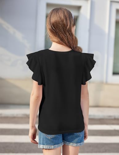Image of Arshiner Girls Shirts Short Sleeve Tee Ruffle Solid Summer Keyhole Neck Cotton Blouse Tops