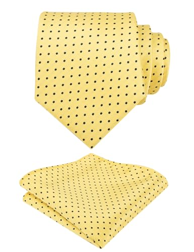 Alizeal Mens Dot Pattern Tie with Pocket Square 3.15inches Necktie Set Yellow+Navy